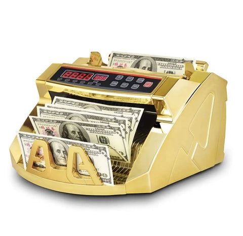 Gold money counter with counterfeit detection and fast bill counting, light up display, works with US dollar and larger denominations