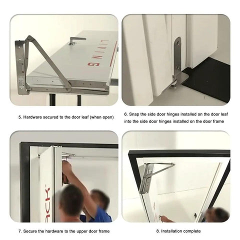 180 Degree Folding Door Hinge Kit For Small Spaces Wooden Sliding Hardware installation steps shown on a white door