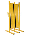 Hardcore Expandable Metal Barricade, Pro Ready Portable Safety Fence With Rock Solid T Base, Zero Hassle Folding Traffic Barrier Gate For Construction Zones And Crowd Control In High Vis Yellow, folded position.