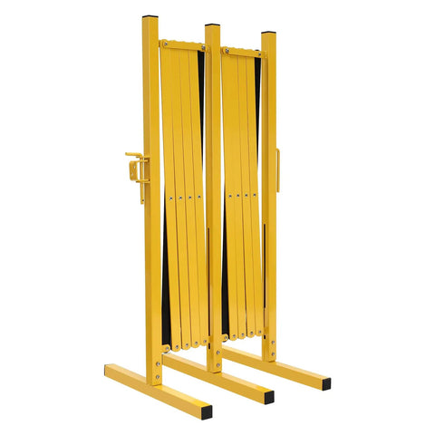 Hardcore Expandable Metal Barricade, Pro Ready Portable Safety Fence With Rock Solid T Base, Zero Hassle Folding Traffic Barrier Gate For Construction Zones And Crowd Control In High Vis Yellow, folded position.