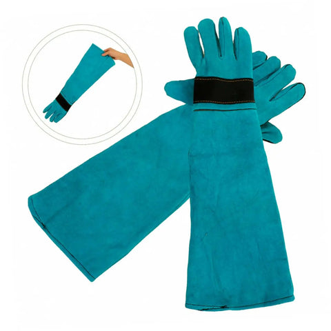 Blue Scratch Protective Pet Grooming Gloves For Dogs And Cats Long Sleeve Fake Leather Animal Handling Gear Ergonomic Design