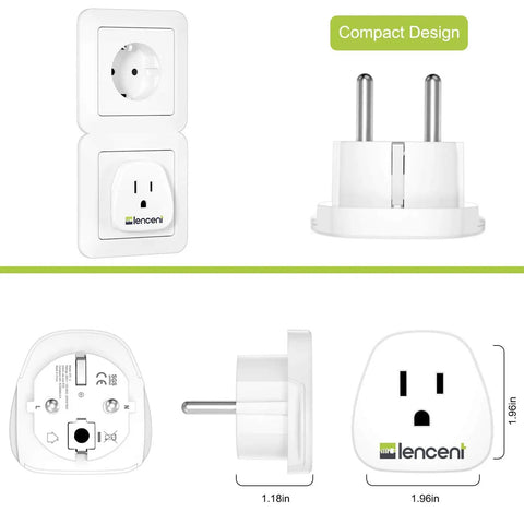 2 Pack Schuko Type E and F Travel Power Adapter For Europe From US Plug Charger, multi-angle view with dimensions