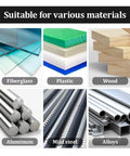 Image depicting materials suitable for the 4 Piece Bridge Reamer Drill Tool Set including fiberglass, plastic, wood, aluminum, mild steel, and alloys.