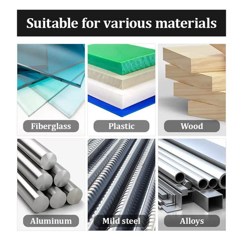 Image depicting materials suitable for the 4 Piece Bridge Reamer Drill Tool Set including fiberglass, plastic, wood, aluminum, mild steel, and alloys.