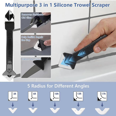 Tile Grout Repair Kit With Fast Drying Grout Filler And Silicone Trowel Scraper, showing features and angles.