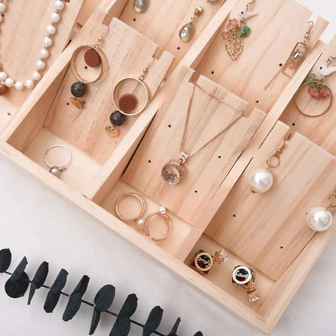Chill Solid Wood Jewelry Tray Keeps Your Bling Totally Snag Free With A Dang Cool Pendant Grid Built In For Hanging Necklaces Organizing Earrings Or Storing Loose Beads, displaying assorted jewelry.