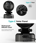 Image of Three-Watt Solar Panel For Outdoor Wireless Cams Keeps Your Security Cam Charged All Day IP66 Waterproof Solar Charger with Type-C port and waterproof silicone cover, showing close-up of the Type-C cable connection.