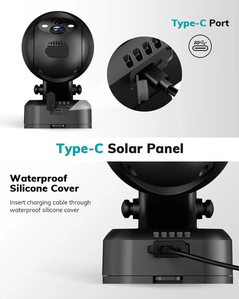 Image of Three-Watt Solar Panel For Outdoor Wireless Cams Keeps Your Security Cam Charged All Day IP66 Waterproof Solar Charger with Type-C port and waterproof silicone cover, showing close-up of the Type-C cable connection.
