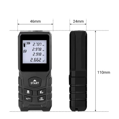 No Nonsense Laser Distance Meter And Rangefinder For Construction shown from the front and side, displaying dimensions and digital readout.