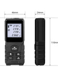 Side view of 70/100M Laser Distance Meter Rangefinder Handheld Tool for Construction with clear digital display and buttons.