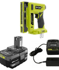 Badass 18V Cordless Compression Crown Stapler Featuring 3/8 Inch Nose And 4.0Ah Battery Bundle with charger and battery.