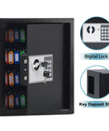 Rock Solid Heavy Duty Digital Key Safe Box With Wall Mount For 40 Keys, Large Secure Lockbox For House Keys, Programmable Combination Lock, Anti Scratch Steel Construction, Black 14.37 X 11.8 X 3.93 Inches, open view showing key slots and digital lock details.