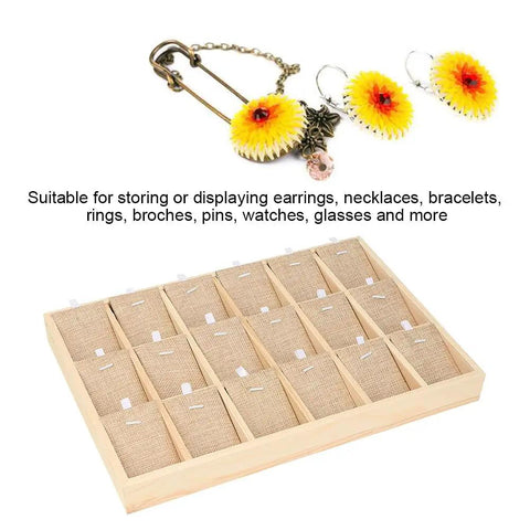 Top Tier Solid Pine Wooden Jewelry Display Tray With 18 Grid Slots And Ultra Plush Velvet Lining For Necklaces Bangles Rings showing organized slots.