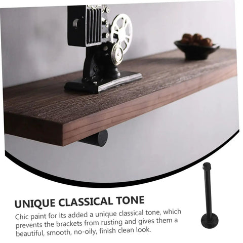 Rock Solid Heavy Duty Wall Mounted Shelf Brackets Four Pack Black Iron Pipe Style mounted under a wooden shelf displaying retro decor.