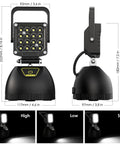 Rechargeable Foldable LED Work Light 32W with 8000mAh Battery, IP65 Waterproof, 3 modes shown in three lighting settings