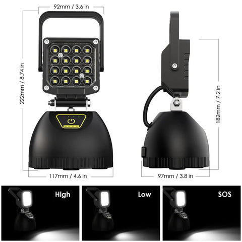 Rechargeable Foldable LED Work Light 32W with 8000mAh Battery, IP65 Waterproof, 3 modes shown in three lighting settings