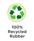 100% recycled rubber logo highlighting eco-friendly materials used in Heavy Duty Two Pack Premium Rubber Downspout Splash Blocks.
