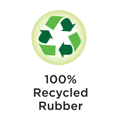 100% recycled rubber logo highlighting eco-friendly materials used in Heavy Duty Two Pack Premium Rubber Downspout Splash Blocks.