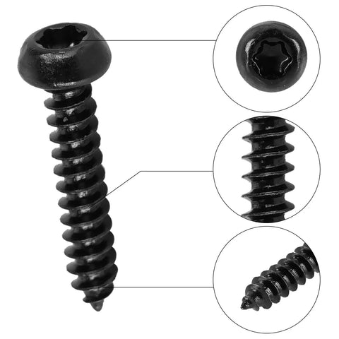 Close-up of a black carbon steel Torx pan head screw from the 760 Pcs Heavy Duty Torx Star Drive Pan Head Self Tapping Wood Screws set.