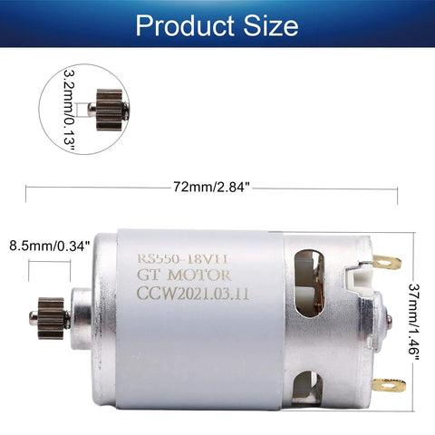 Diagram of Beast 18V DC RS550 Style Motor With 12-Tooth Gear, 20500 RPM, showing dimensions and gear details.