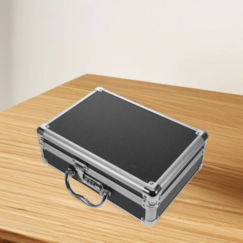 Rock Solid Hardcore Aluminum Rolling Tool Box With Secure Lock And Sturdy Grab Handle Lightweight Portable Design on wooden table.