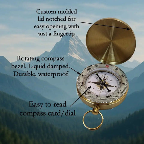 Glow In The Dark Brass Pocket Compass For Kids, Waterproof Navigation Tool on mountain backdrop with labeled features.