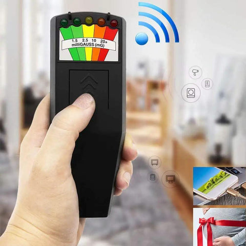 Hand holding EMF Meter For Ghost Hunting Handheld Radiation Detector with meters and living room in background