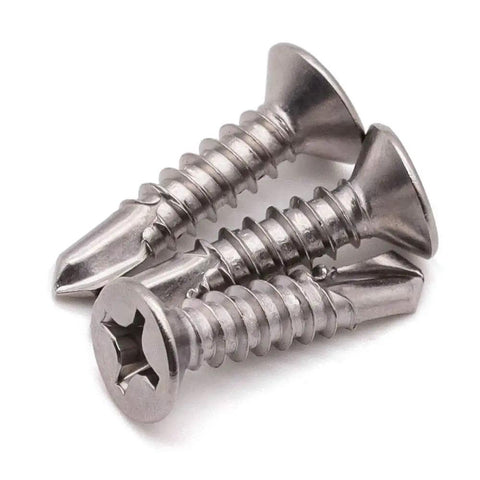 Three Number Ten By Three Quarter Phillips Flat Head Stainless Steel 410 Self Drilling Self Tapping Screws Heavy Duty Countersunk Fasteners.