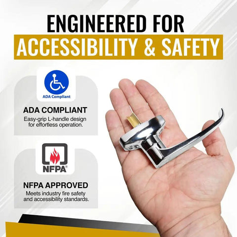 Slick Chrome ADA Laundry Chute Door Handle With V Spindle And Universal Latch Plunger Kit For Bottom Or Side Hinged Doors Featuring Smooth Glide Action And Easy Peasy Installation Rock Solid Security