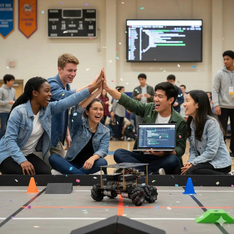 OSOYOO FlexiRover robot car kit on a gym floor track; laptop shows code as students cheer.