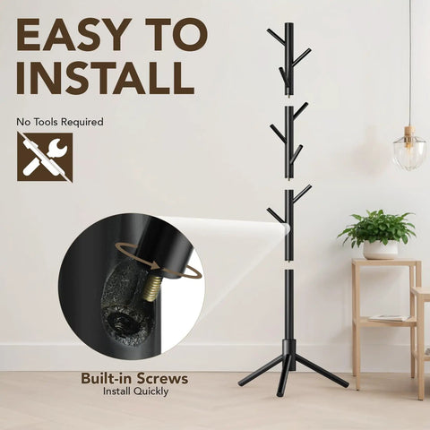 Assembled Wooden Tree Coat Rack Stand With Eight Hooks, Freestanding Coat Tree for Entryway, Bedroom, and Office