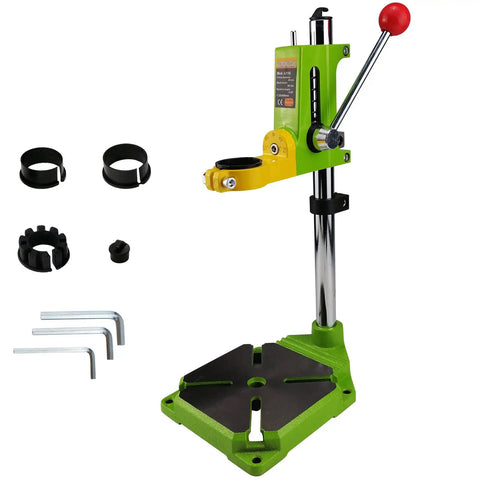 Floor Drill Press Stand For Hand Drill With 90 Degree Rotating Clamp, adjustable bench holder, with accessories, front view.