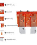 Detailed view of 10A blade fuse from 100 Piece Standard Blade Fuse Kit For Auto And Marine, with labeled parts and transparent housing.