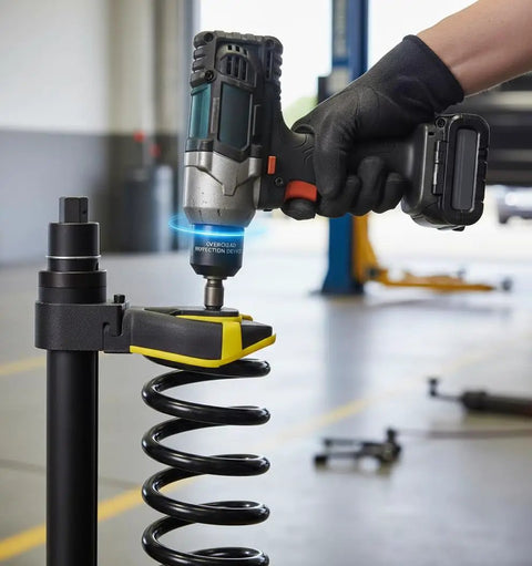 Heavy Duty MacPherson Strut Spring Compressor Tool Kit With Impact Wrench Compatibility in use on car suspension coil.