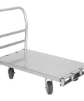 Heavy Duty Steel Platform Truck With Triple Side Rails And Locking Swivel Casters Two Thousand Five Hundred Pound Capacity crushing heavy loads, 24x36 inch size, smooth rolling.