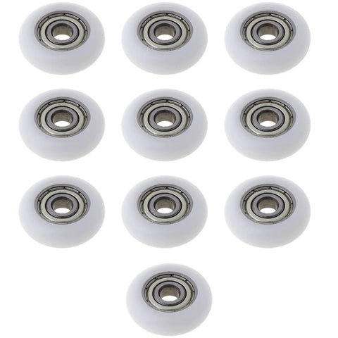 Buttery Smooth 10 Pcs Nylon Pulley Rolling Bearing Wheels For Furniture Drawer And Sliding Door Runner Hardware, white wheels with silver bearings.