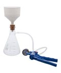 Complete Vacuum Filtration Kit For Lab And Home Science Including 500mL Glass Filtering Flask With Sidearm, Hand Vacuum Pump With Gauge, 4 Inch Buchner Funnel, Filter Papers, Flexible Tubing And Rubber Stopper All In One Set showing the setup.