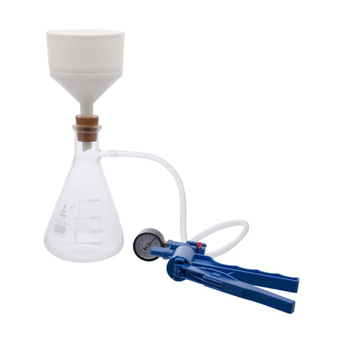 Complete Vacuum Filtration Kit For Lab And Home Science Including 500mL Glass Filtering Flask With Sidearm, Hand Vacuum Pump With Gauge, 4 Inch Buchner Funnel, Filter Papers, Flexible Tubing And Rubber Stopper All In One Set showing the setup.