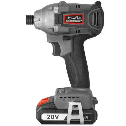 Cordless Impact Driver With 20 Volt Brushless Motor Monster Torque Up To 1590 Inch Pounds Variable Speed Up To 2900 RPM One Quarter Inch Hex Drive Includes 2Ah Battery Quick Charger Carry Bag And Lightweight Compact Design side view