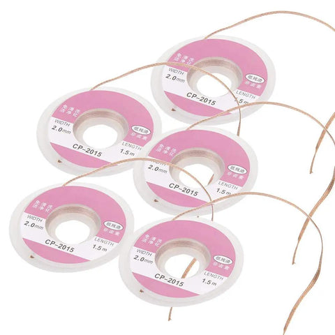 Five rolls of Premium Solder Wick Desoldering Braid Copper Wire 2mm Width 1.5 Meter Length Ideal For PCB Repair And Electronics Maintenance 5 Pack Pro Grade Soldering Tool
