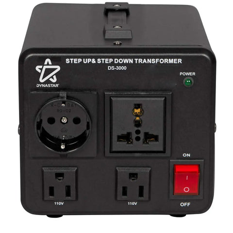 Front view of Heavy Duty Voltage Converter Transformer 110 120 To 220 240 Volts 3000W with Euro Schuko plug and power switch.