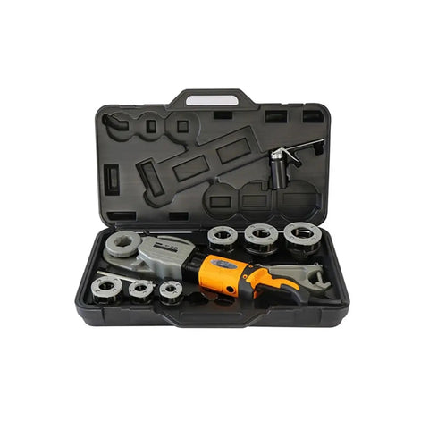Top Rated 2 Inch Heavy Duty Electric Pipe Threading Machine Cutter Set SQ30-2C in a carrying case with multiple attachments and tools.
