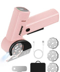 Punomo Cordless Electric Box Cutter With Rechargeable All Copper Motor, pink design, includes blades and USB charger.