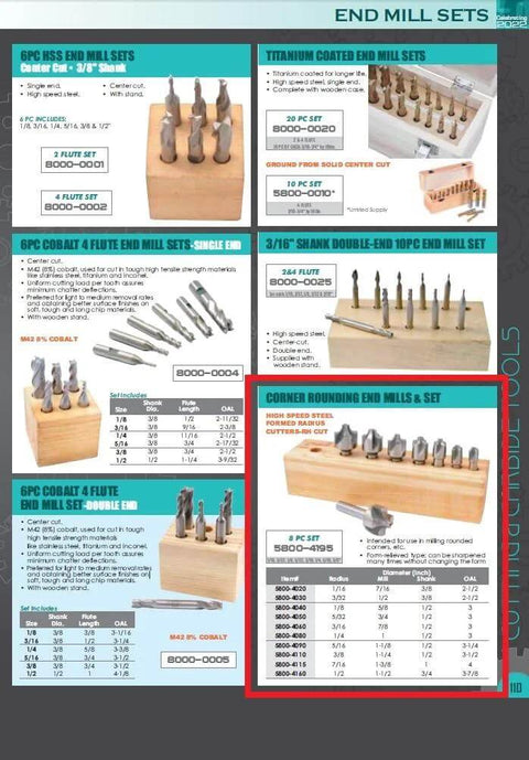 HHIP 5800-4060 HSS corner rounding end mill set, 8-piece, 3/16 in x 1/2 in on wooden block