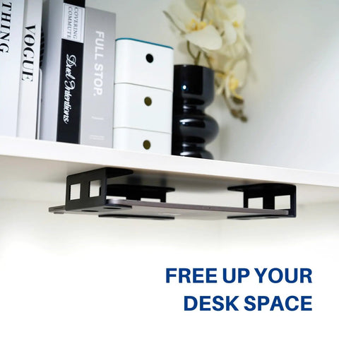 Prime Desk Real Estate Saver This Under Desk Laptop Mount Is Crafted From Solid Steel to hold a laptop under a shelf with books.