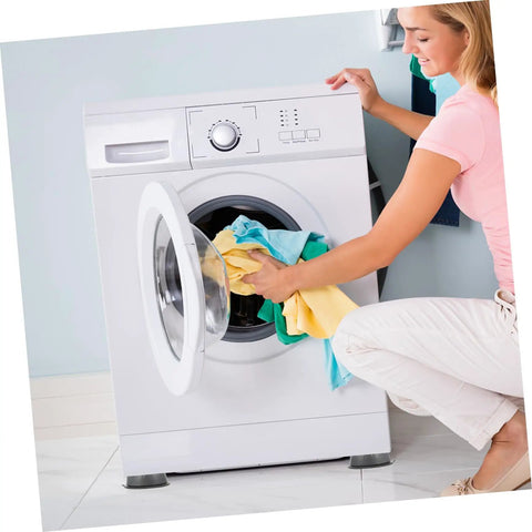 Woman using washing machine on Non Slip Washing Machine Foot Mats and Refrigerator Stabilizers for Vibration Control and Shockproof Performance Easy to Install Anti Skid Pads for Home Appliances and Furniture