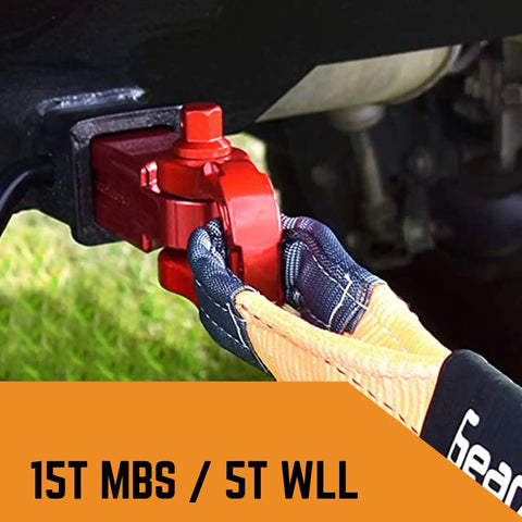 Aluminum Alloy Ultra Bow Shackles For Off Road Recovery, 30,000 LBS MBS And 10,000 LBS WLL, Red 2 Pack in use on vehicle