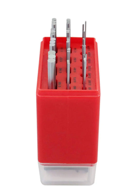 Side view of US And Metric Thread Measuring Wire Set With Wire Holders For External Threads 3 Wire Method 48 Pieces In 16 Sizes Measures 3 To 48 TPI And Half Millimeter To Six Millimeter Pitch Case Included EG06 1002.