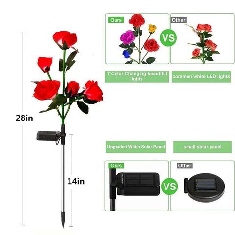Outdoor Solar Garden Lights 4 Pack Waterproof With 20 Realistic Solar Roses Multi Color Changing Flower Decor size comparison