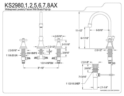 Technical drawing of Governor Widespread Lavatory Faucet With Brass Pop Up Drain And Metal Cross Handles In Polished Brass Finish with dimensions.